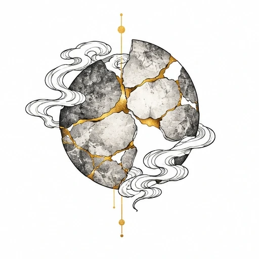 Circle cracked and repaired with gold veins surrounded by flowing smoke and vertical golden line