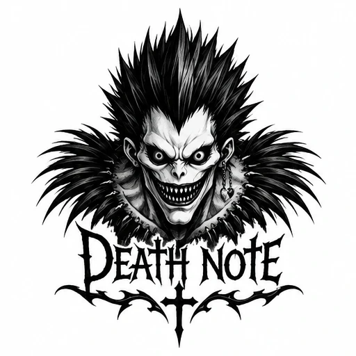 Black and gray tattoo design of Ryuk's head with spiky hair and eerie grin, and gothic Death Note lettering below.