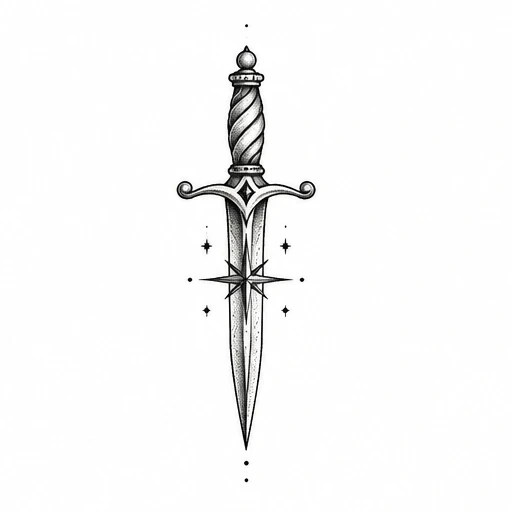 Black ink minimalist dagger tattoo with spiral handle and compass star surrounded by small celestial stars.