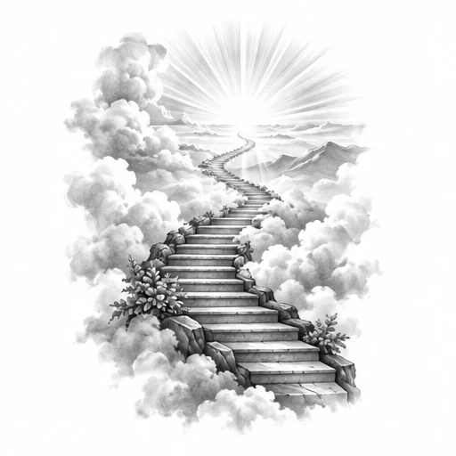 Black and grey illustration of a stone stairway ascending through clouds to a bright light with radiant beams
