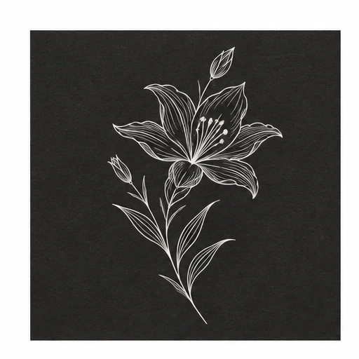 White lily flower line drawing on black background with fine detail and curved leaves