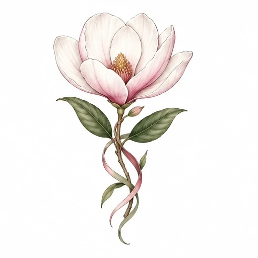Illustration of a single magnolia flower with pink and white petals, green leaves, and a twisting stem with curling ribbon-like accents