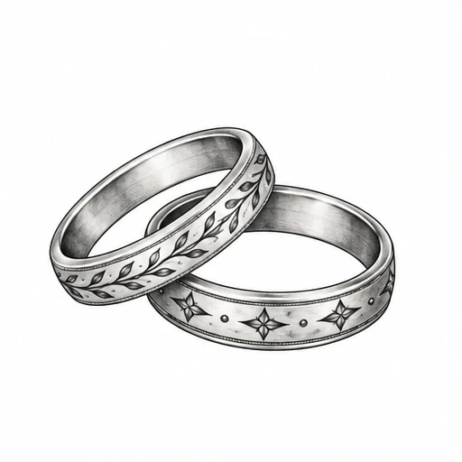 Two interlocking silver wedding rings with leaf and star decorative patterns.