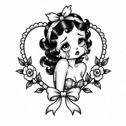 Black and white tattoo of crying retro girl with headband, surrounded by floral heart frame and bow