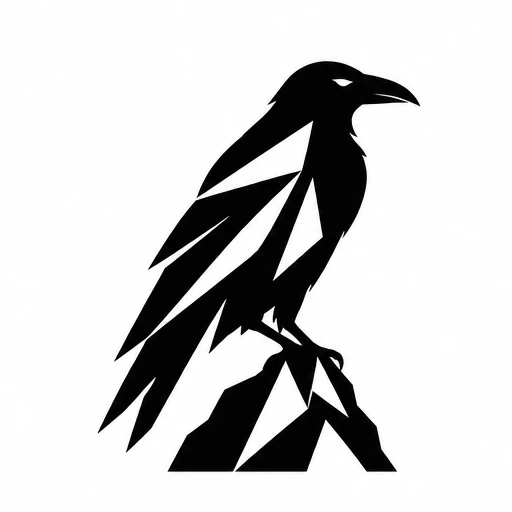 Black geometric raven tattoo design with negative space perched on rock