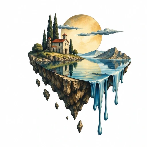 Floating island with water cascading down, village with church and trees, large sun and mountains reflected in water