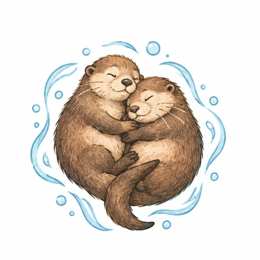 Two otters hugging each other in a circular shape with blue water swirls and bubbles around them.