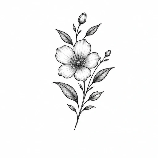 Black and white tattoo design of single blooming flower with two buds and leaves