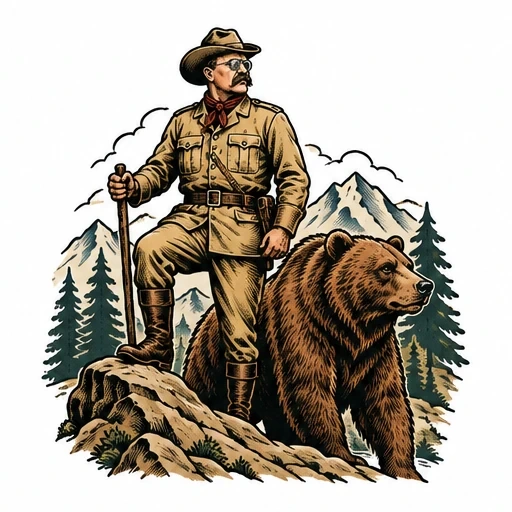 Teddy Roosevelt in explorer clothing with stick standing on rock next to a large grizzly bear with mountains and pines behind