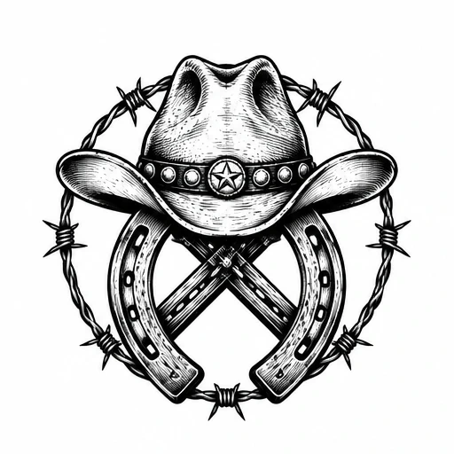 Black and white tattoo design of a cowboy hat, crossed horseshoes, and barbed wire circle.