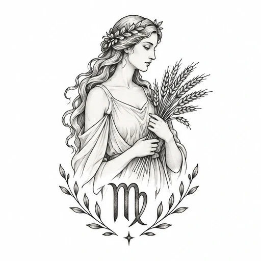Black and white Virgo tattoo design of a woman holding wheat and laurel leaves with Virgo symbol below