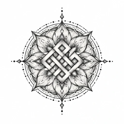 Mandala tattoo design with endless knot center and lotus petals in black and gray shading