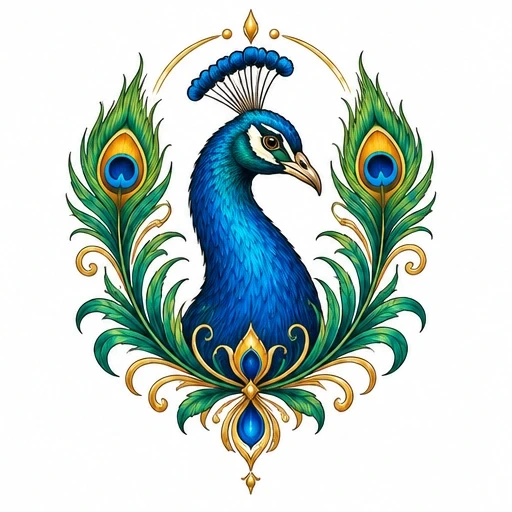 Blue peacock head with green and gold ornamental peacock feathers and gold flourishes