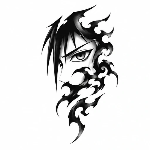 Black and white tattoo design of a stylized anime eye with tribal flame patterns surrounding the face