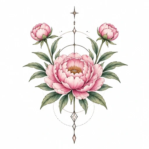 Tattoo artwork of three pink peonies with green leaves and geometric line designs