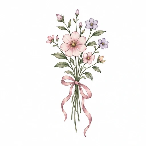 Delicate bouquet of pink and lavender flowers tied with a pink ribbon, fine line botanical tattoo design