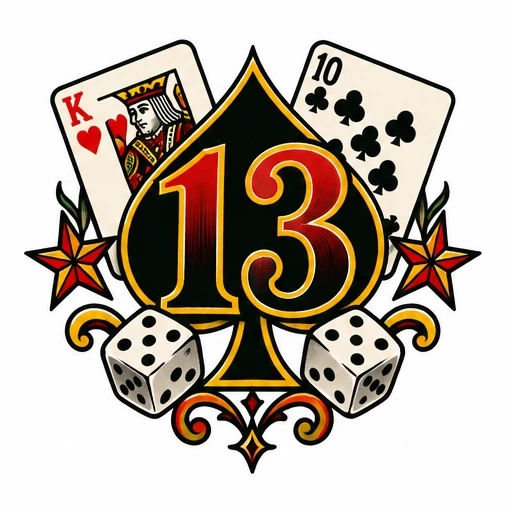 Traditional style tattoo of spade with number 13, King of Hearts and 10 of Clubs cards, two dice, and two stars