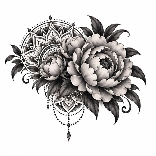 Black and gray tattoo design of peonies with leaves and a mandala background, featuring ornamental hanging dots and diamonds