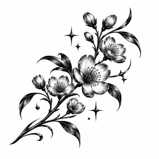 Chrome-style tattoo design of blooming flowers on a branch with star-shaped sparkles