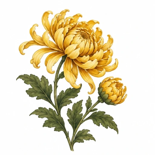 Yellow chrysanthemum flower and bud with green leaves on white background