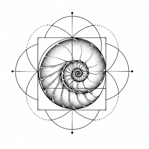 Black and white detailed nautilus shell tattoo design with geometric elements and spiral pattern
