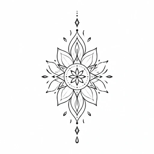 Black and white symmetrical floral mandala tattoo with leaves and dot accents