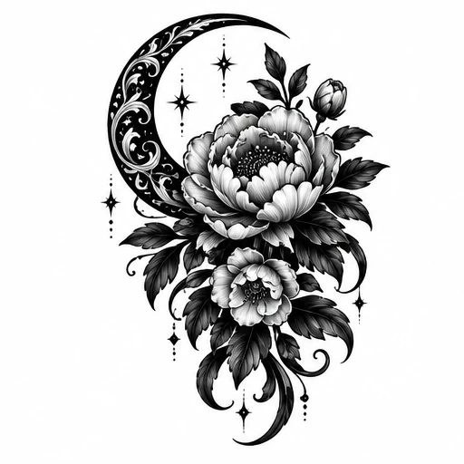 Blackwork tattoo design of a crescent moon decorated with filigree, surrounded by blooming peonies, leaves, and small stars.