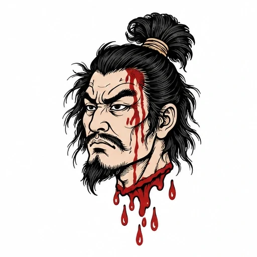 Illustration of a samurai's severed head with blood dripping down his neck and face