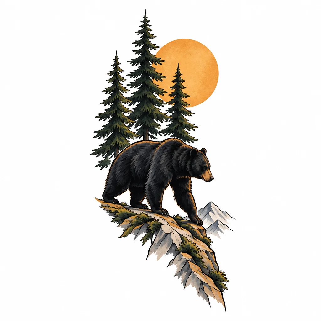 Tattoo design of black bear on rocky cliff with pine trees, orange sun, and mountains in background