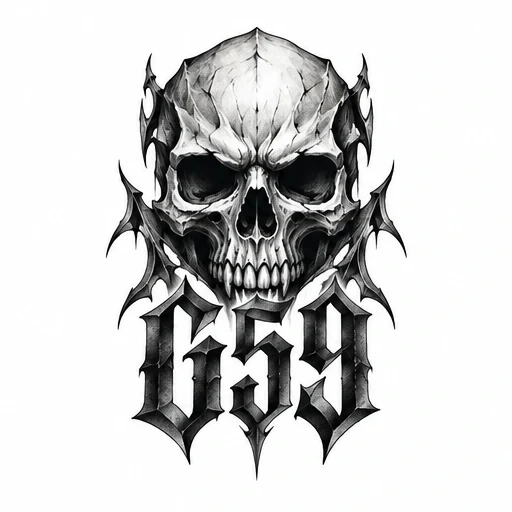 Black and gray gothic skull tattoo design with sharp flame-like accents and gothic '659' numbers below.