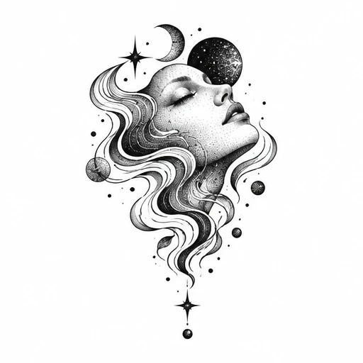 Black and white tattoo design of a woman's face with flowing hair intertwined with moons, stars, and planets in dotwork style.