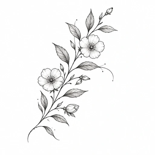 Fine line tattoo of delicate vine with blooming flowers and leaves