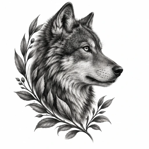 Black and grey tattoo design of a realistic wolf head in profile with detailed leaves and berries framing it.