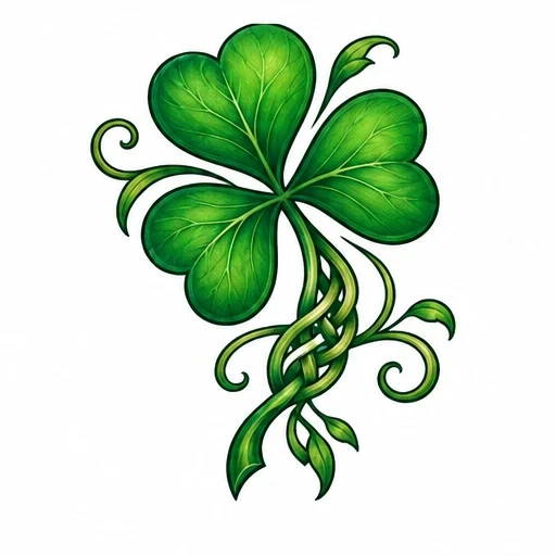 Green shamrock tattoo design with heart-shaped leaves and Celtic knotwork stem