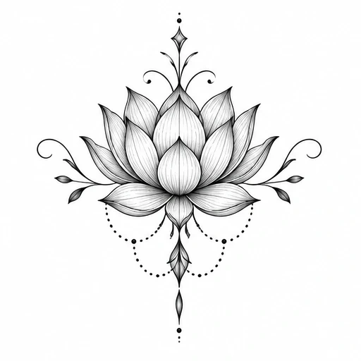 Black and white ornamental lotus flower tattoo with delicate vines and dotted chain accents