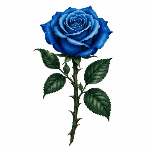 Blue rose with green leaves and thorny stem