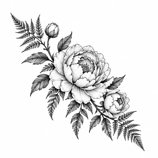 Two shaded peonies, a closed bud and fern fronds arranged on a diagonal