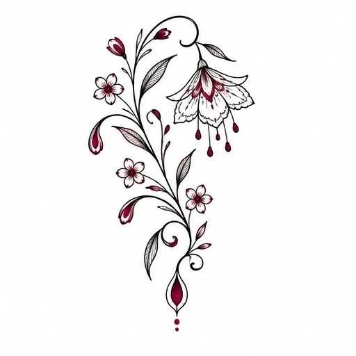 Fine line tattoo of a floral vine with small flowers and a large bell-shaped flower with burgundy details