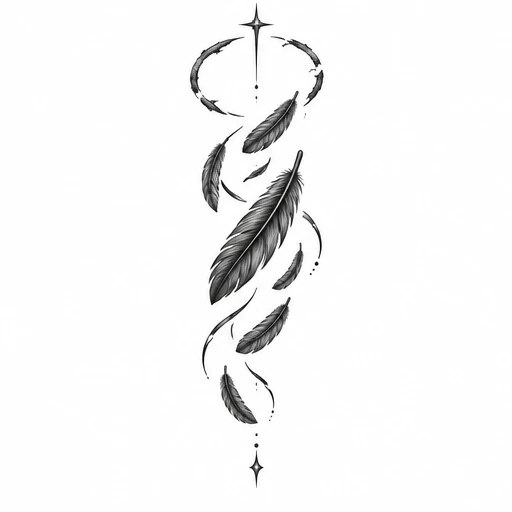 Vertical tattoo design of falling feathers and stars in black and gray ink