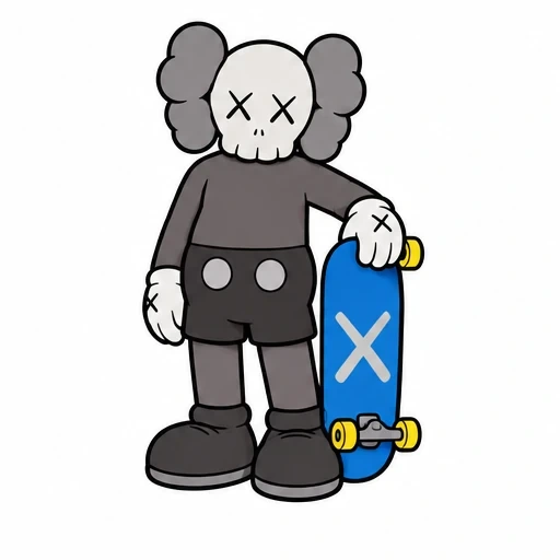 KAWS Companion cartoon holding blue skateboard with white X