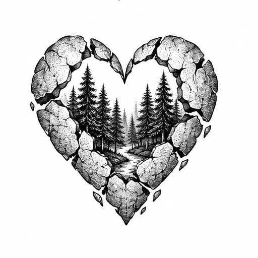 Black ink tattoo of a cracked stone heart revealing a forest with pine trees and a flowing stream inside.