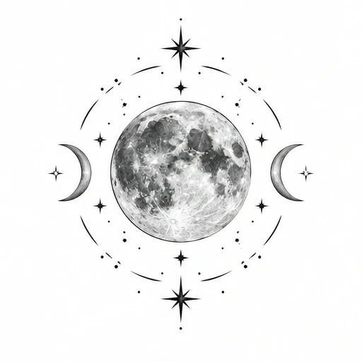 Tattoo design of a realistic full moon with crescent moons on either side and decorative stars and dots around it