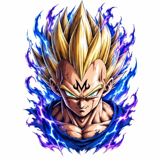 Majin Vegeta with golden hair, blue and purple energy aura, and fierce expression showing the Majin mark and battle scars.