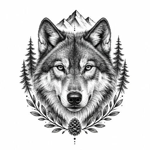 Black and grey tattoo design of a realistic wolf head with pine trees, pinecone, leaves, and mountains in the background