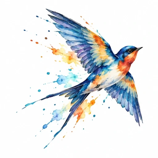 Watercolor painting of a swallow with blue, orange, and purple hues flying with splashes of color around it on white background