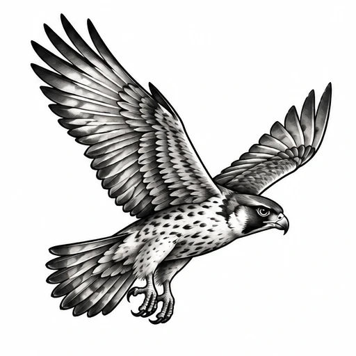 Black and gray tattoo design of a peregrine falcon with spread wings in mid-flight