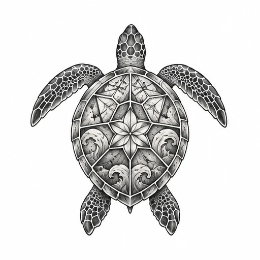 Black and grey sea turtle tattoo with geometric shell design showing waves and a flower.