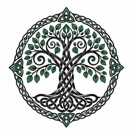 Celtic Tree of Life tattoo design with intertwining roots and branches, surrounded by a circular Celtic knot border and green leaves.