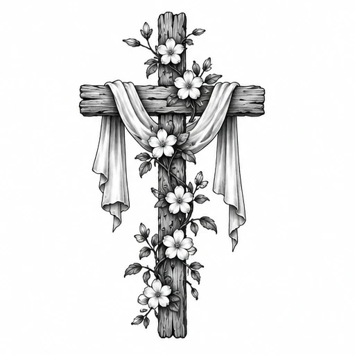 Rustic wooden cross wrapped with flowing cloth and entwined floral vines in black and gray shading