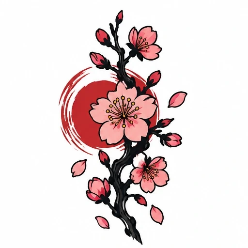 Cherry blossoms branch with pink flowers and red sun circle behind